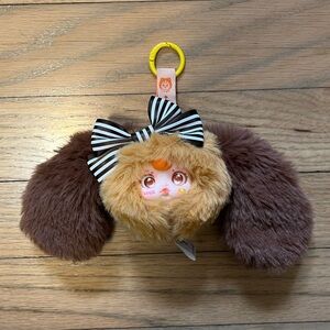Plush Furry Keychain Toy with Striped Bow - Brown & Tan